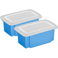 Sunware 2x opslagbox kunststof 7 liter blauw 38 x 21 x 14 cm met deksel - Opbergbox