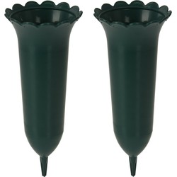 Grafvaas/grafvazen - 2x - kunststof - groen - 25 cm - Voor bloemen op graf te zetten - Vazen