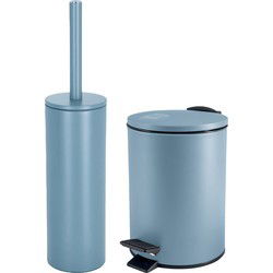 Spirella Badkamer/toilet accessoires set - toiletborstel en pedaalemmer - 3L - metaal - lichtblauw - Badkameraccessoireset