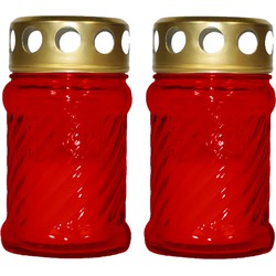 2x stuks grafkaarsen/gedenklichten met deksel rood 7 x 12 cm 10 uren brandtijd - buitenkaarsen