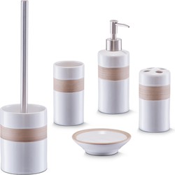 Badkamer accessoires set 5-delig - keramiek - wit/beige - strepen design - Badkameraccessoireset