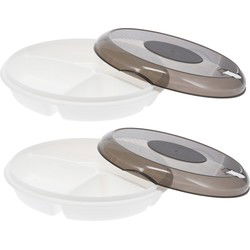 Excellent Houseware Magnetronschaal met vakjes - 2x - deksel - beige - kunststof - Dia 24 x H 6,5 cm - Magnetronbakken