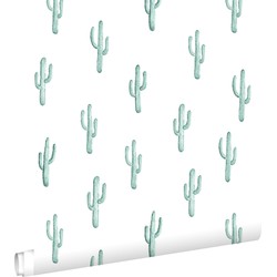 ESTAhome behang kleine woestijn cactussen vergrijsd turquoise - 53 cm x 10,05 m - 138898