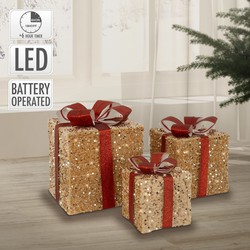 Deco kerstcadeauset van 3 met LED's Lichtbruin/Rood met strikken en timer