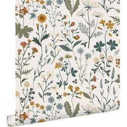 ESTAhome behang veldbloemen okergeel, vergrijsd groen en vintage blauw - 0,53 x 10,05 m - 139391