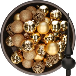 37x stuks kunststof kerstballen 6 cm goud incl. glazen piek mat zwart - Kerstbal