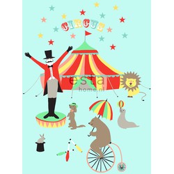 ESTAhome fotobehang circus figuren turquoise, rood, geel, roze, bruin en grijs - 186 cm x 2,79 m - 158703