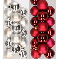 32x stuks kunststof kerstballen mix van zilver en donkerrood 4 cm - Kerstbal