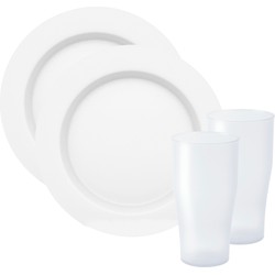 Juypal Servies set - 4x borden en drinkbekers - wit- kunststof - herbruikbaar - Bordjes