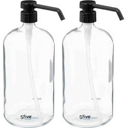 5Five Zeeppompje van glas - 2x - transparant - 1 liter - zeepdispenser - Zeeppompjes