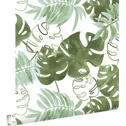 ESTAhome behang geschilderde tropische jungle bladeren vergrijsd olijfgroen - 53 cm x 10,05 m - 138888