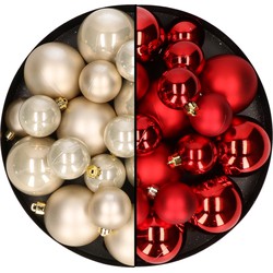 Kerstversiering kunststof kerstballen mix rood/champagne 6-8-10 cm pakket van 44x stuks - Kerstbal