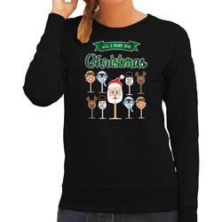 Bellatio Decorations foute kersttrui/sweater dames - Kerst Wijn - zwart - All I Want For Christmas XS - kerst truien