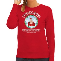 Bellatio Decorations foute Kersttrui/sweater voor dames - buddha says cheers & relax - rood - wijn M - kerst truien