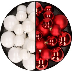 Kerstversiering kunststof kerstballen mix rood/winter wit 6-8-10 cm pakket van 44x stuks - Kerstbal