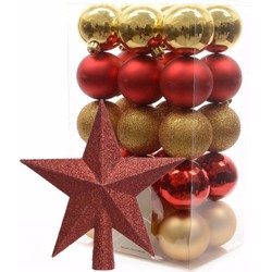 Kerstballen 30x stuks 6 cm rood-goud met ster piek rood kunststof - Kerstbal