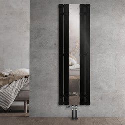 Badkamerradiator middenaansluiting met spiegel 450x1600 mm zwart incl. vloeraansluitset met thermostaat LuxeBath