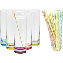 Set van 6x longdrinkglazen en 25x duurzame rietjes papier - 310 ml - Longdrinkglazen