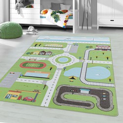 Tapijtenloods Play Vloerkleed Kinderkamer Verkeer Laagpolig Groen- 100x150 CM