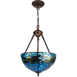 LumiLamp Hanglamp Tiffany  Ø 31x155 cm  Blauw Groen Metaal Glas Libelle Hanglamp Eettafel