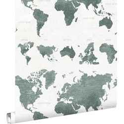 ESTAhome behang vintage wereldkaarten vergrijsd groen - 0,53 x 10,05 m - 138971