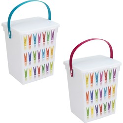 2x Wasknijperboxen roze en turquoise hengsel 5 liter 23 x 18 cm - knijperszakken