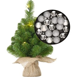 Mini kunst kerstboom - H45 cm - met lampjes en kerstballen - zilver - Kunstkerstboom