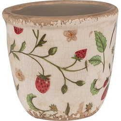 Clayre & Eef Bloempot  Ø 11x10 cm Beige Rood Keramiek Aardbeien Bloempot Binnen