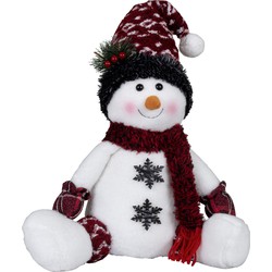 Pluche sneeuwpop knuffel - zittend - 36 cm - rode muts - Kerstman pop
