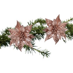 Cosy & Trendy kerstboom bloemen op clip - 2x st - oud roze - 18 cm - kerstster - Kersthangers