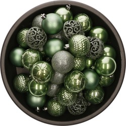37x stuks kunststof kerstballen salie groen 6 cm glans/mat/glitter mix - Kerstbal