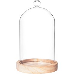 Atmosphera Home decoratie glazen stolp op houten plateau - glas/lichtbruin - D12 x H19 cm - Decoratieve stolpen