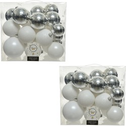 52x Kunststof kerstballen mix wit-zilver 6, 8, 10 cm - Kerstbal