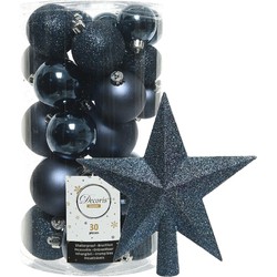 Decoris kerstballen 30x stuks - donkerblauw 4/5/6 cm kunststof mat/glans/glitter mix en piek - Kerstbal