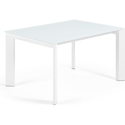 Kave Home - Axis uitschuifbare tafel in wit glas en wit stalen poten 140 (200) cm