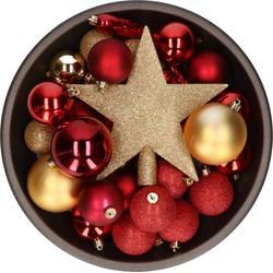 33x stuks kunststof kerstballen met piek 5-6-8 cm rood/goud incl. haakjes - Kerstbal