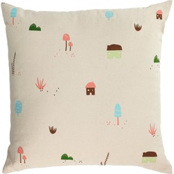 Kave Home - Kussenhoes Llaru 100% katoen witte huisjes en paddenstoelen multicolour 45 x 45 cm