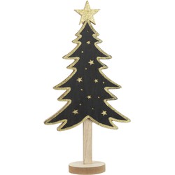 Kerstdecoratie houten decoratie kerstboom zwart met gouden sterren B18 x H36 cm - Houten kerstbomen