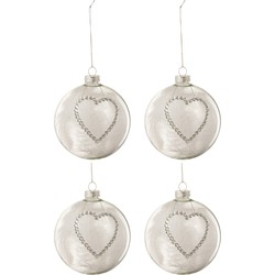 J-line - Doos Van 4 Kerstballen Hart Strass Zilver Pluim Wit Glas Klaar Medium - 10x10x10cm