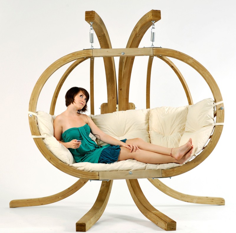 Amazonas Globo Chair Royal 2 Persoons - Naturel Gekleurde Kussens + Luxe Houten Standaard - 