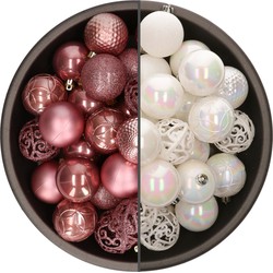 74x stuks kunststof kerstballen mix van parelmoer wit en oudroze 6 cm - Kerstbal