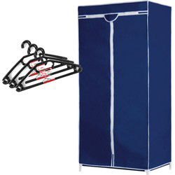 Set van mobiele opvouwbare kledingkast met blauwe hoes 160 cm en 15x plastic kledinghangers zwart - Campingkledingkasten