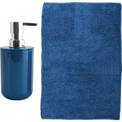 MSV badkamer droogloop mat - Napoli - 45 x 70 cm - met bijpassend zeeppompje - donkerblauw - Badmatjes