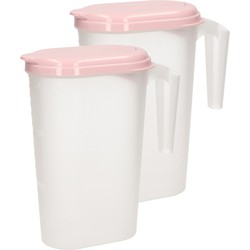 2x stuks waterkan/sapkan transparant/roze met deksel 1.6 liter kunststof - Schenkkannen