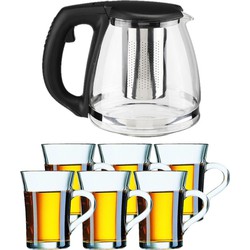 Glazen theepot met filter/infuser van 1,2 liter met 6x stuks theeglazen van 230 ml - Theepotten