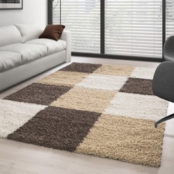 Hoogpolig vloerkleed -candy Shaggy Mocca Geblokt - 200 X 290CM