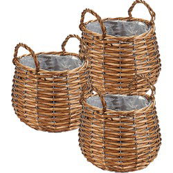 Set van 3x stuks plantenbak manden gevlochten riet met binnenmand 15 x 15 x 11,5 cm - Plantenbakken