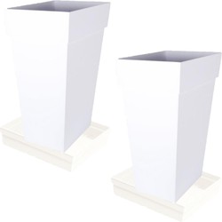 Set van 2x stuks bloempotten Toscane vierkant kunststof wit 43 x 43 x 80 cm inclusief onderschalen - Plantenpotten