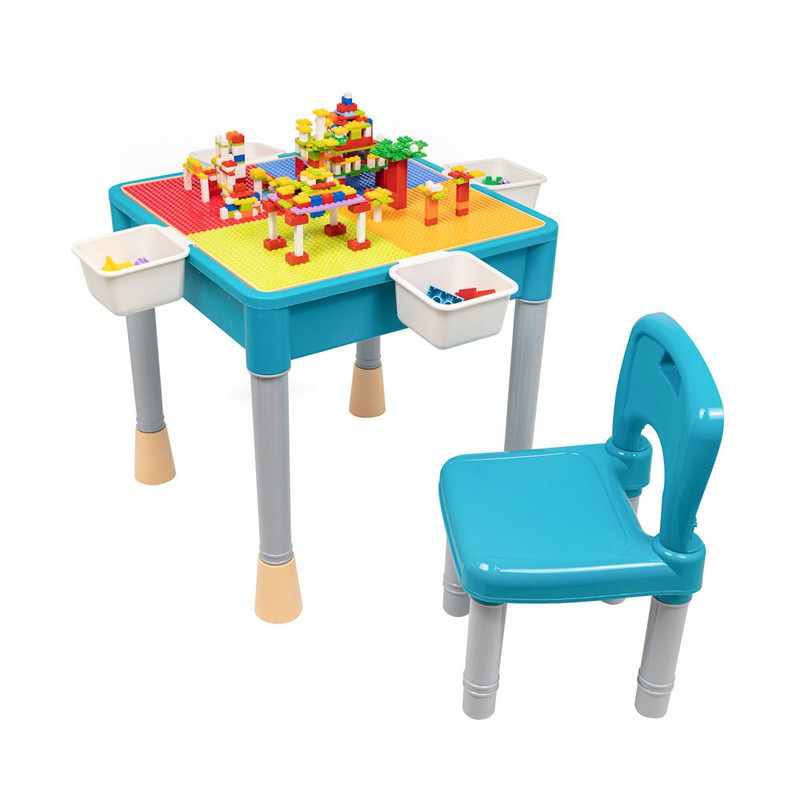 Decopatent® - Kindertafel met 1 Stoeltje - Speeltafel met bouwplaat en vlakke kant - 4 Bakjes - Geschikt voor Lego® Bouwstenen - 