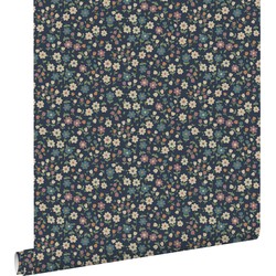 ESTAhome behang bloemetjes donkerblauw, lila roze en vergrijsd groen - 0.53 x 10.05 m - 139471